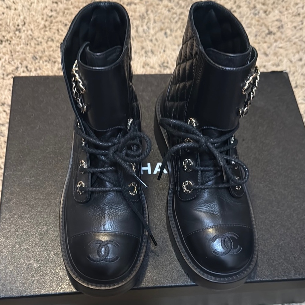 Chanel Black Shiny Goatskins/Calfskins Lace Ups Combat Boots